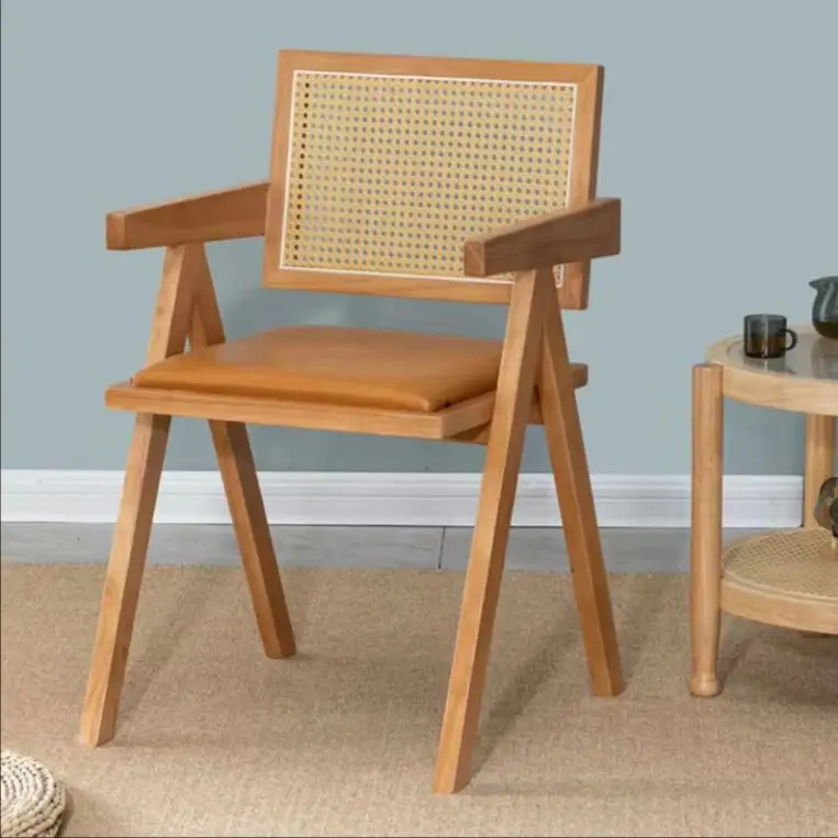 

Nordic Solid Wood Rattan Woven PU Leather Chair Rattan Dining Chair Household Commercial Leisure Chairs Dining Room Furniture