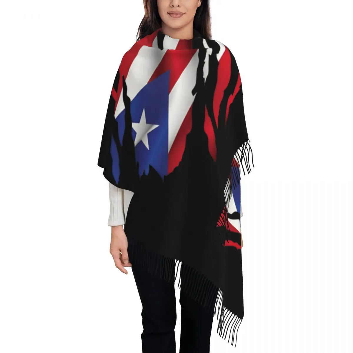 Womens Scarf with Tassel Puerto Rico Ripped Flag Large Winter Fall Shawl Wrap Gifts Cashmere Scarf