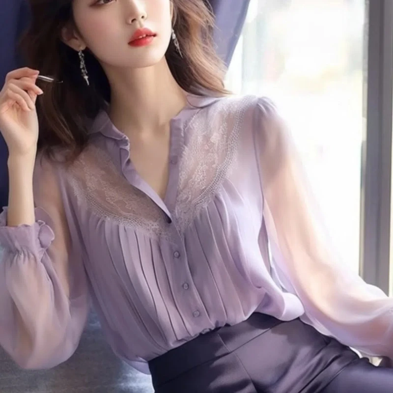 

Cardigan Lantern Long Sleeve Turn-down Collar Lace Patchwork Shirt Solid Color Casual Women's Spring Autumn Chic Tops JJ487