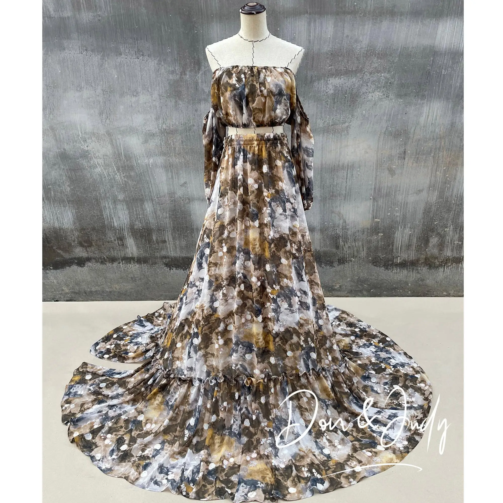 Don&Judy Pregnant Woman Dress Lightweight Chiffon Printed Two-Piece Set Front Slit Clothing Gown For Photo Shoot