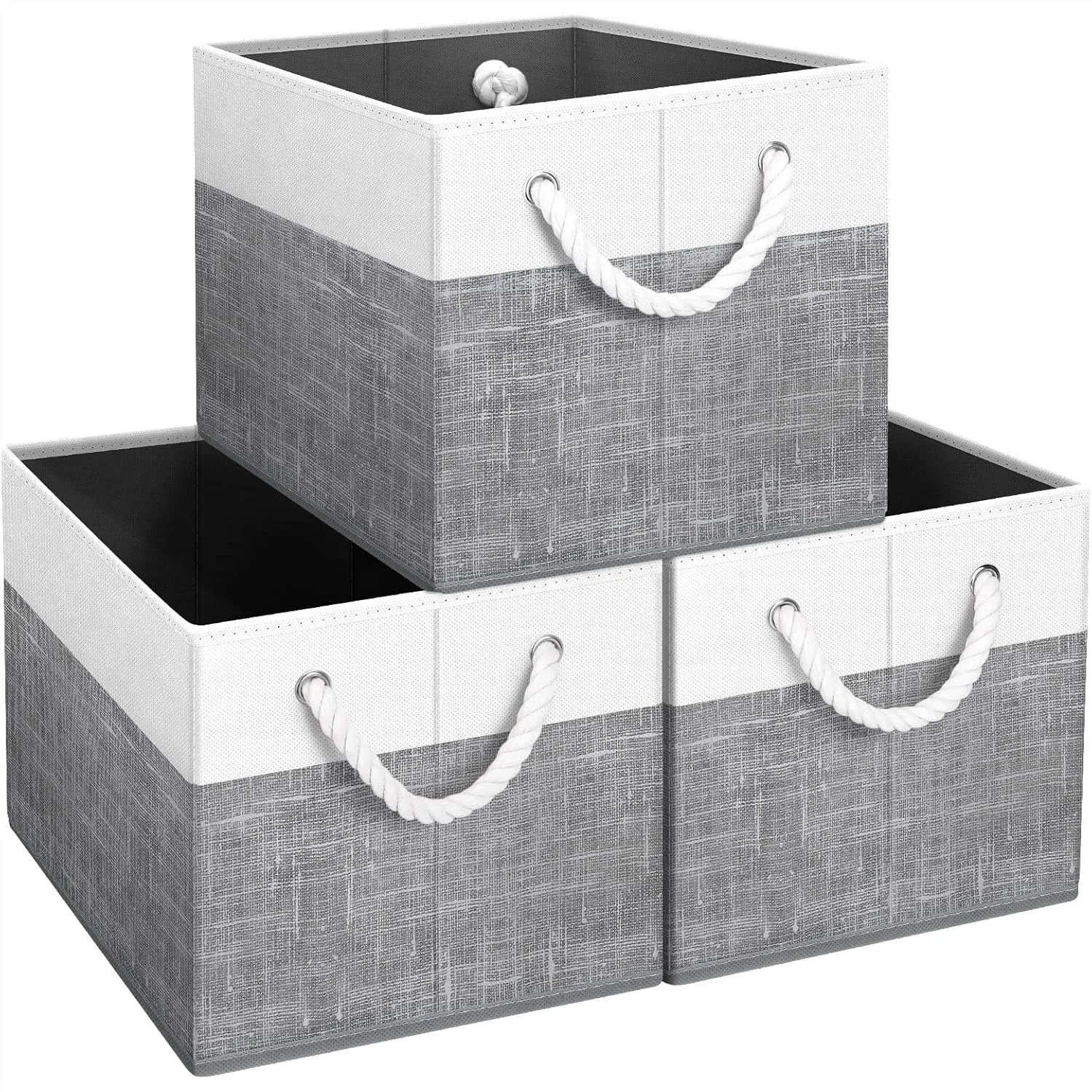 Storage Bins 3-Pack, Foldable Organizer Baskets with Rope Handles for Toys, Books, Shelves, Closet, Sturdy Large Box, White &