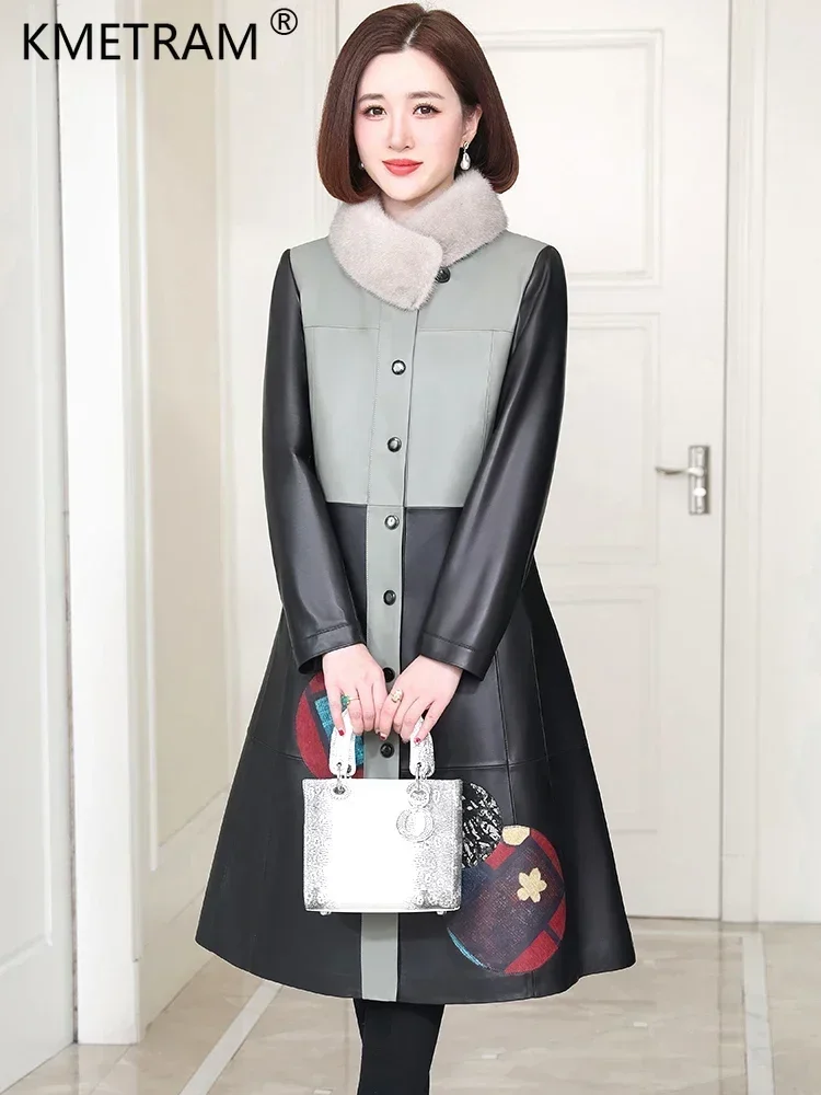 Echt Leder Jacke Frauen Echtem Schaffell Lange Unten Mäntel 2023 Herbst Winter Luxus Nerz Pelz Kragen Über Mantel Roupas Femininas