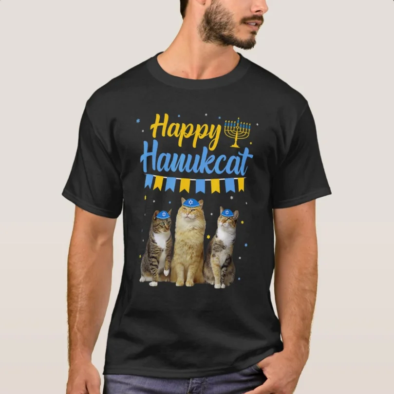 Novelty Jewish Hanukkah Cat Happy Hanukcat T-Shirt 100% Cotton O-Neck Summer Short Sleeve Casual Mens T-shirt Size S-3XL