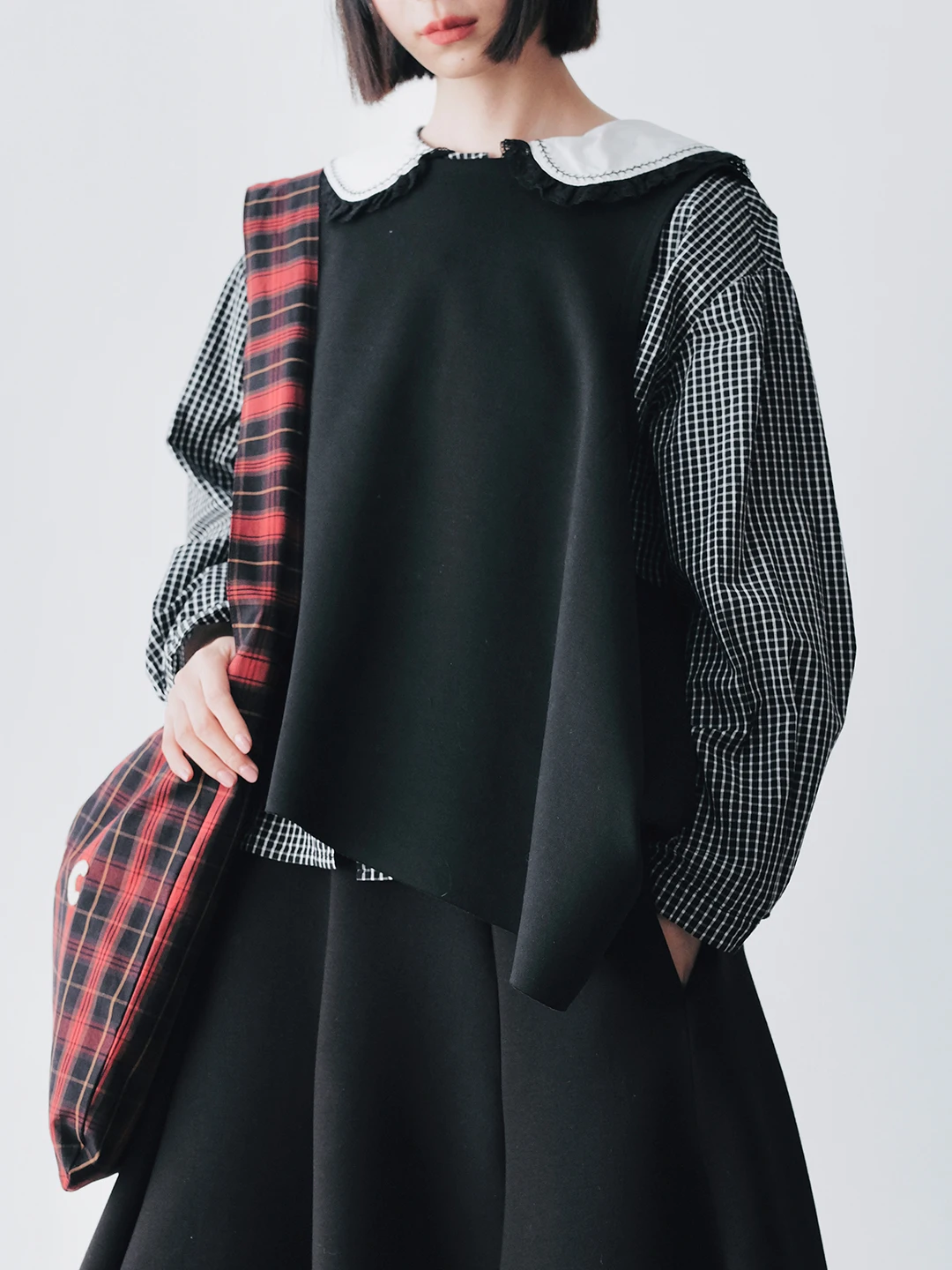 Japanese black and white checkered shirt imakokoni 2024 autumn new fashion contrasting navy collar shirt 244820