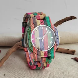 Men Quartz Watches Calendar Dial Colorful Bamboo Wooden Watch Natural Bracelet New Vintage Wood Male Best Birthday Gifts