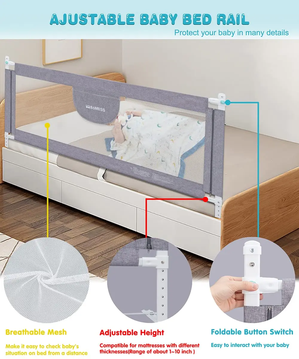 Universal Adjustable Bed Rails for Toddlers, Extra Tall Safety Guard with Double Lock Fits Queen King Twin Full Mattress