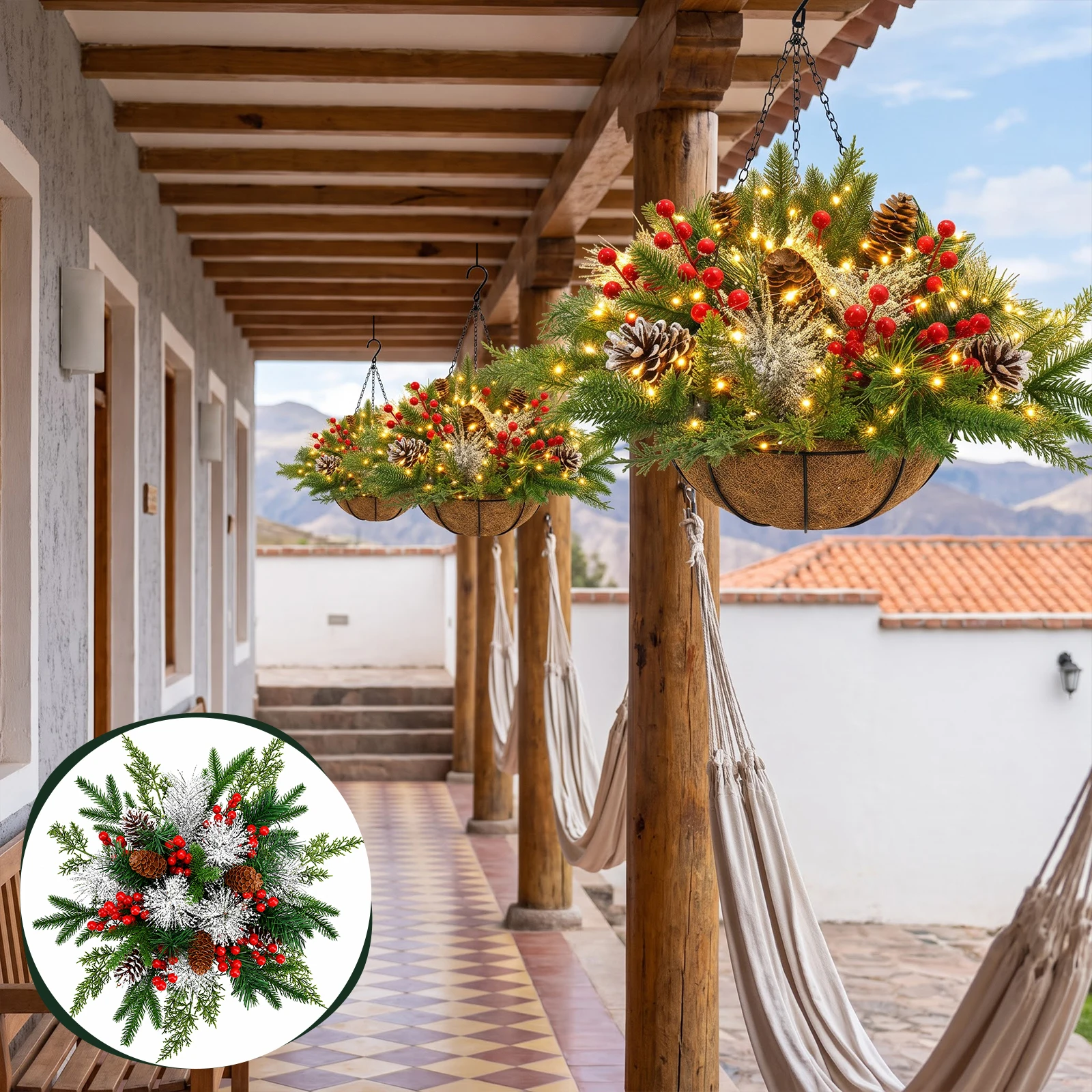 Artificial Christmas Hanging Basket with LED String Lights Pre-Lit Christmas Hanging Plant Basket Artificial Flowers Decor for Front Door Garden and Party