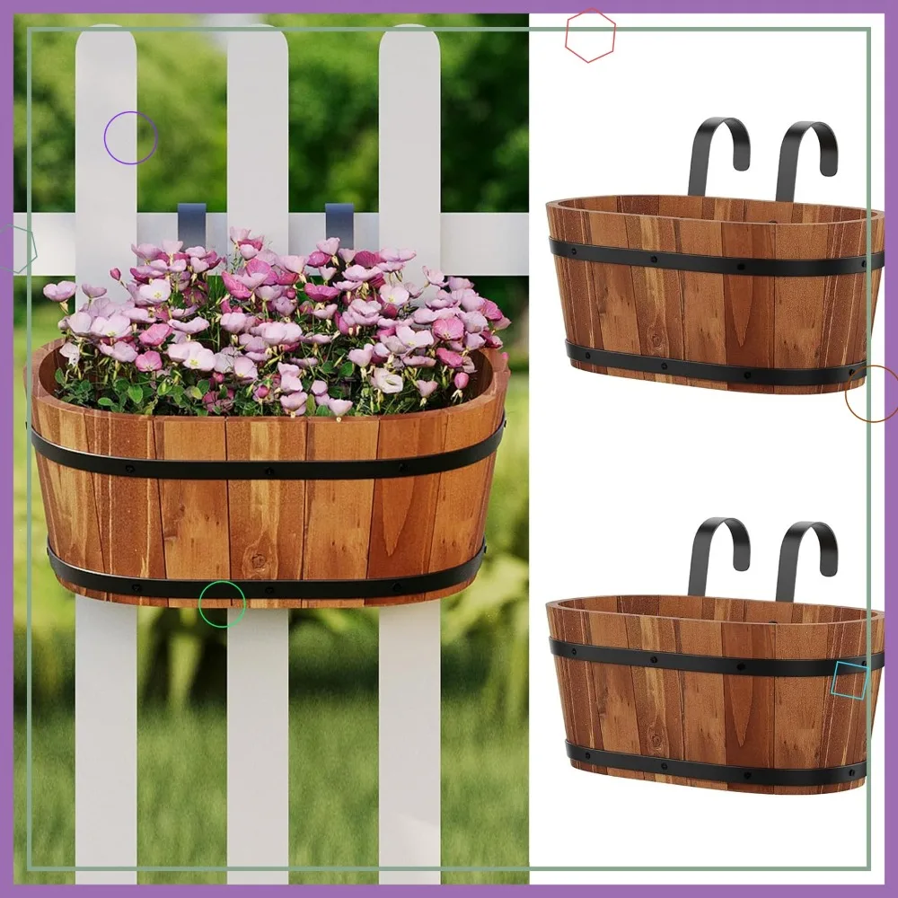 

Hanging Wooden Flower Pots, Railing Planter for Balcony Porch Deck, Detachable Hooks, Countryside Style Garden Decor (Brown)