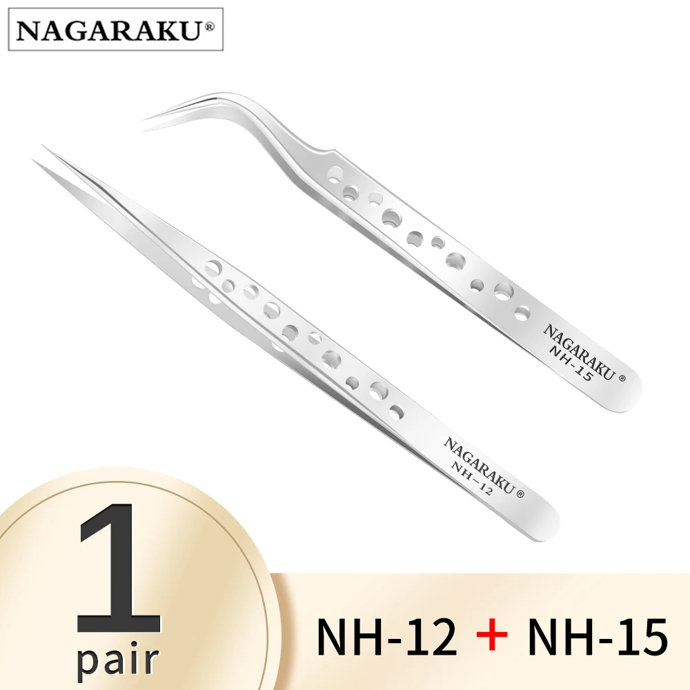 NAGARAKU Makijaż rzęs 2 szt. Zestaw N-01 N-02 Pęseta do rzęs NH-12 NH-15 Dokładne rzęsy ST-12 ST-15 Pincet ze stali nierdzewnej