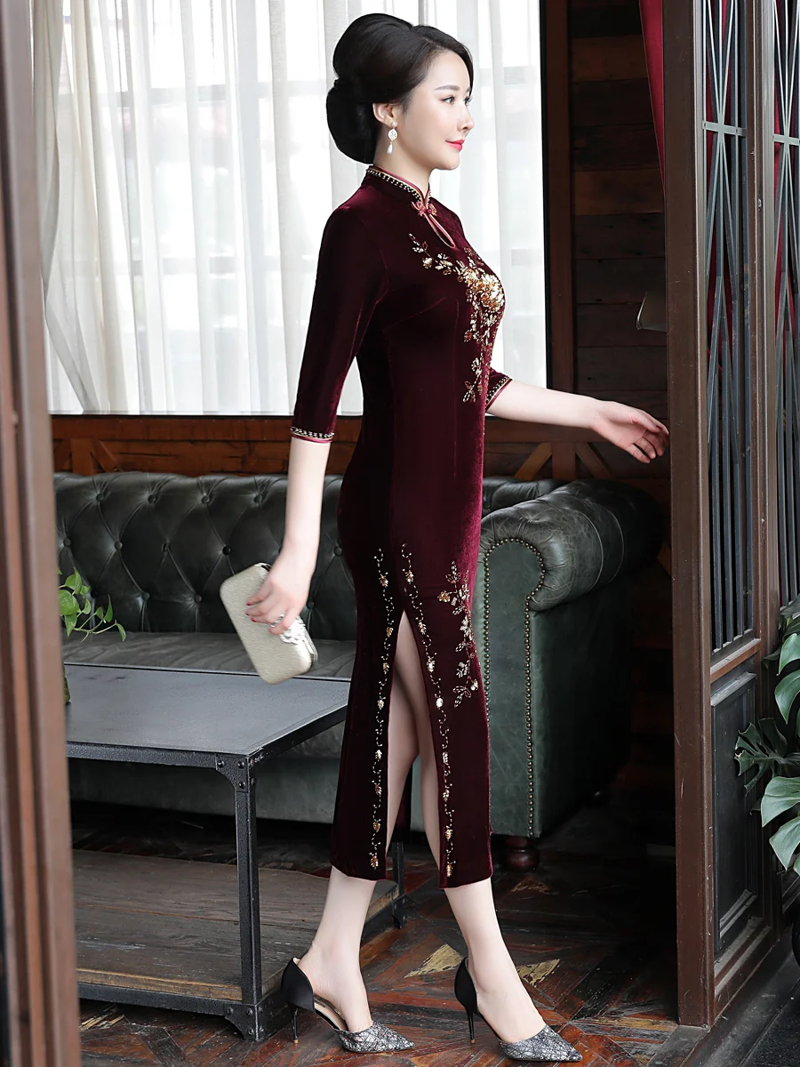 

Утепленное бархатное платье-ципао из золотистого шелка, новое, зимнее, на флисовой подкладке, для свадебных банкетов, для женщин среднего возраста и беременных