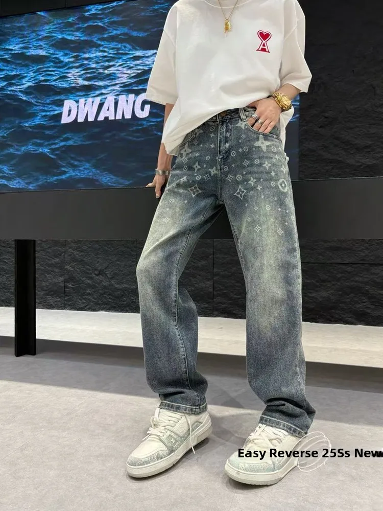 

Мужские джинсы с ретро-принтом и вышивкой, широкие прямые брюки, свободные, люксовые, длинные, модные, городские, стильные, осень 2025