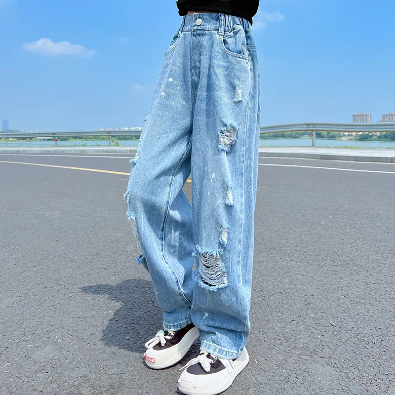 

Fashion Teenage Girls Broken Hole Wide Leg Denim Pants Autumn Kids Casual Straight Trousers Loose Student Children Rippled Jeans