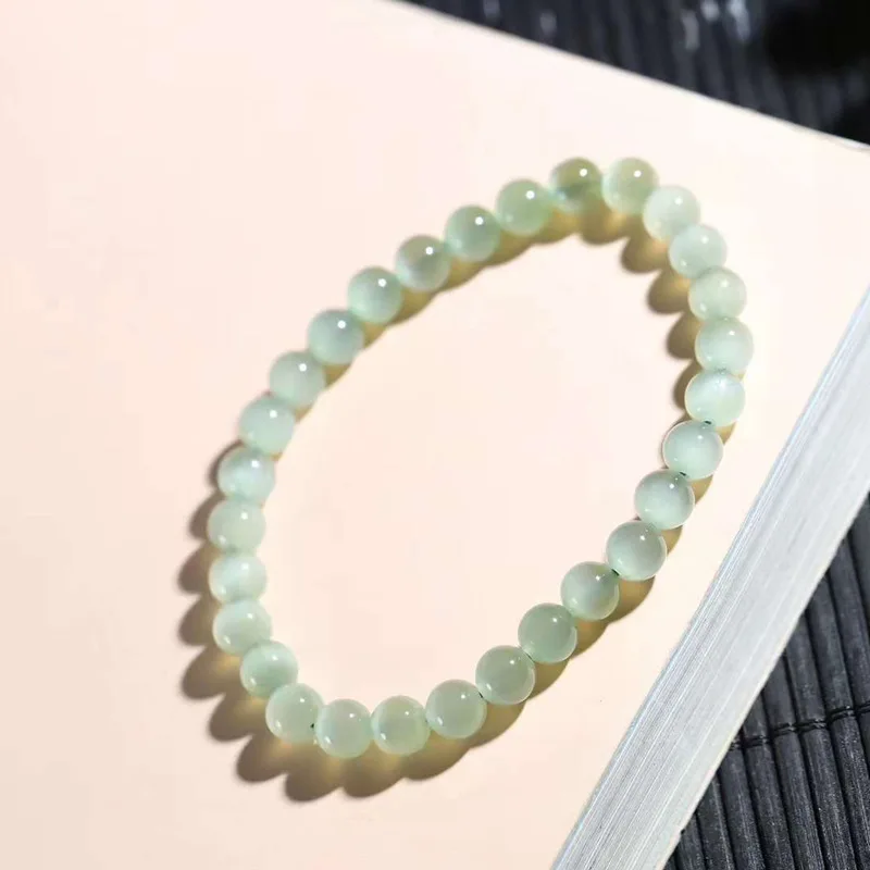 Natural Xinjiang Hetian Russian Jade White Cat Eye 6mm round Bead Bracelet for Men and Women