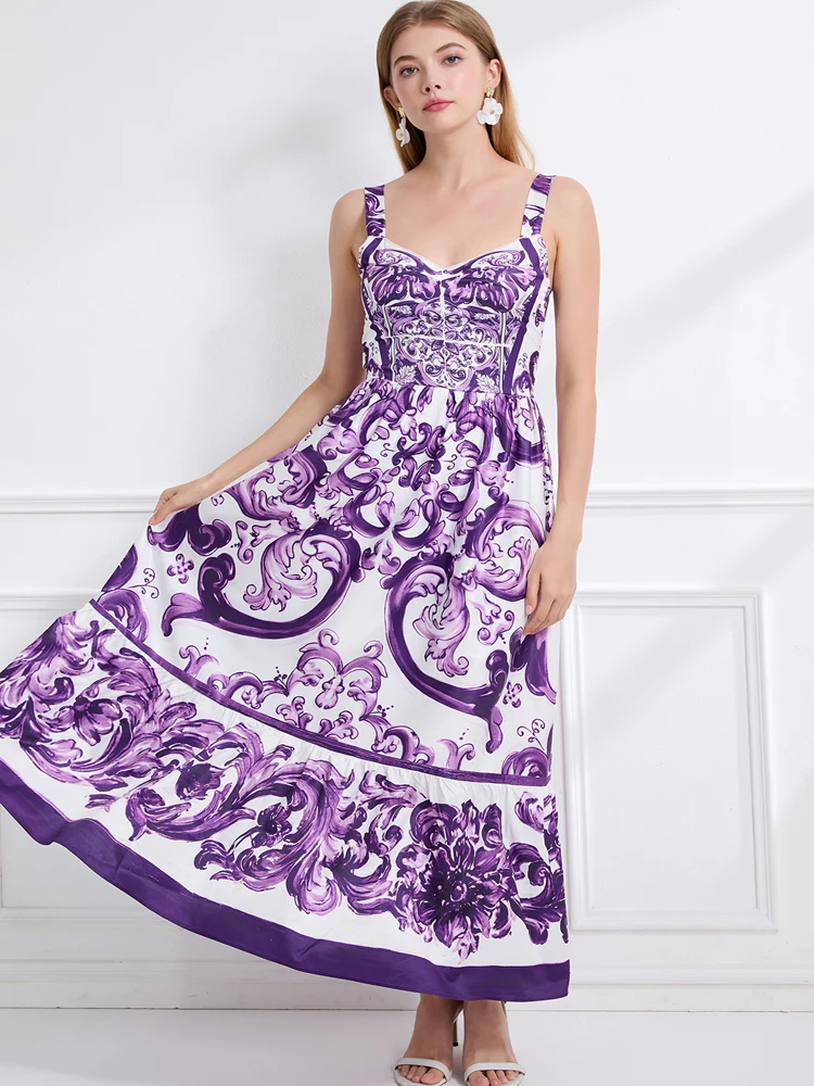 Vestido largo de diseñador de moda de verano para mujer, vestido Sexy con tirantes finos y estampado de porcelana azul y blanca, vestido informal para vacaciones