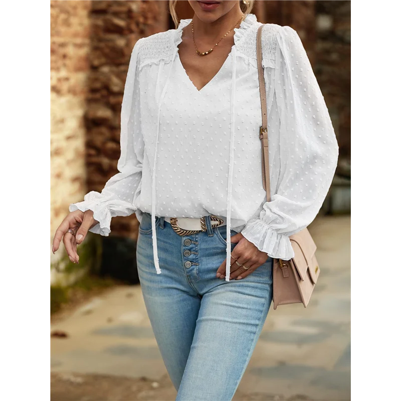 NEW-レディース カジュアル ブラウス スイス ドット サマー シャツ エレガント V ネック 長袖 ルーズ ドレッシー オフィス トップス