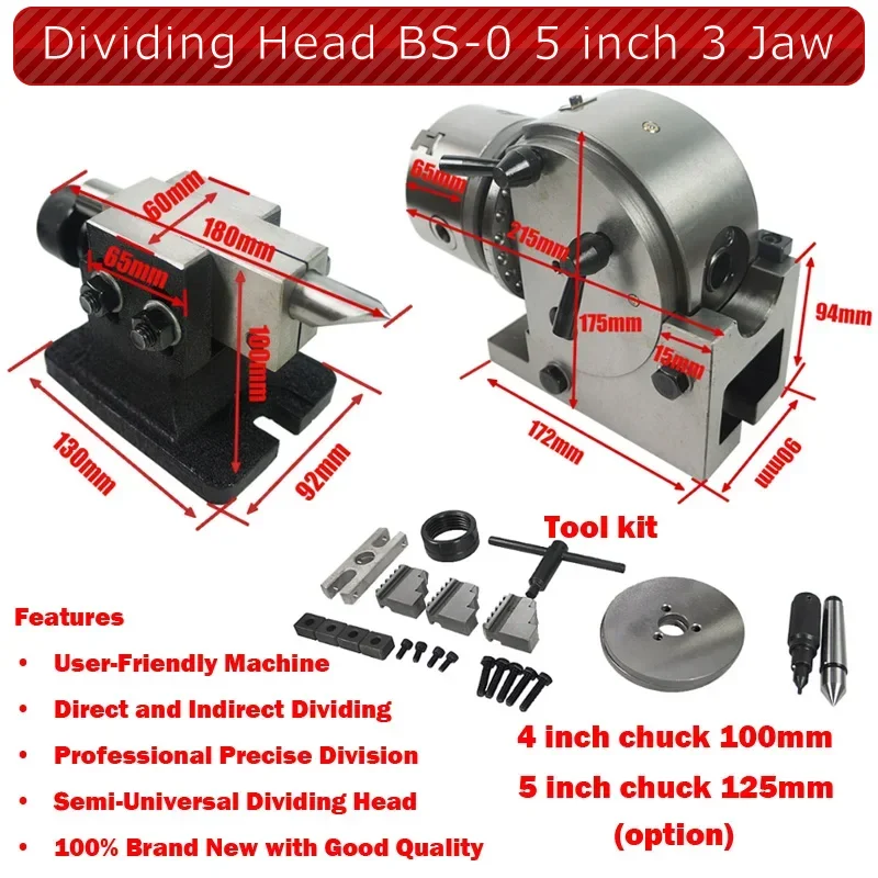 BS-0 5inch 4inch Dividing Head with 100mm 125mm 3-jaw Chuck Tailstock for CNC Router Engraving Milling Carving Machine Engraver