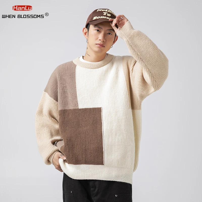 Autumn Winter New Sweaters Men\'s Women\'s Korea Fashion Color Block Patchwork Knitted Casual Pullovers Street Couple Clothing