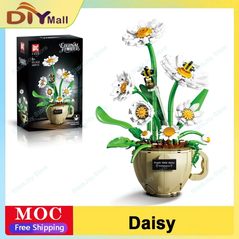 

DK3035 496 шт., комплект для сборки кофейной чашки с ромашками, сделай сам, модель цветочного сочного кашпо, мелкие блоки из частиц для домашнего декора, рождественские подарки