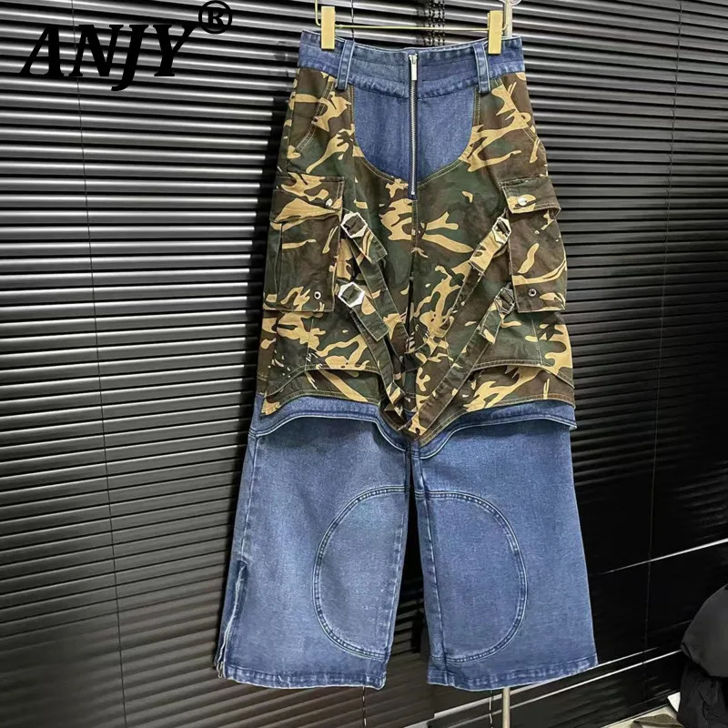 ANJY Spring Autumn New Women Safari Style Design Spliced Camouflage Denim Pants Niche Casual Loose Chic Straight Leg Jeans A7168