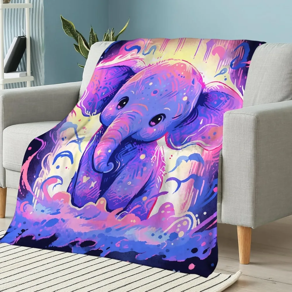 Cute Baby Elephant Throw Blanket Gifts for Girls Boys, Soft Plush Animal Print Blanket, Light Purple