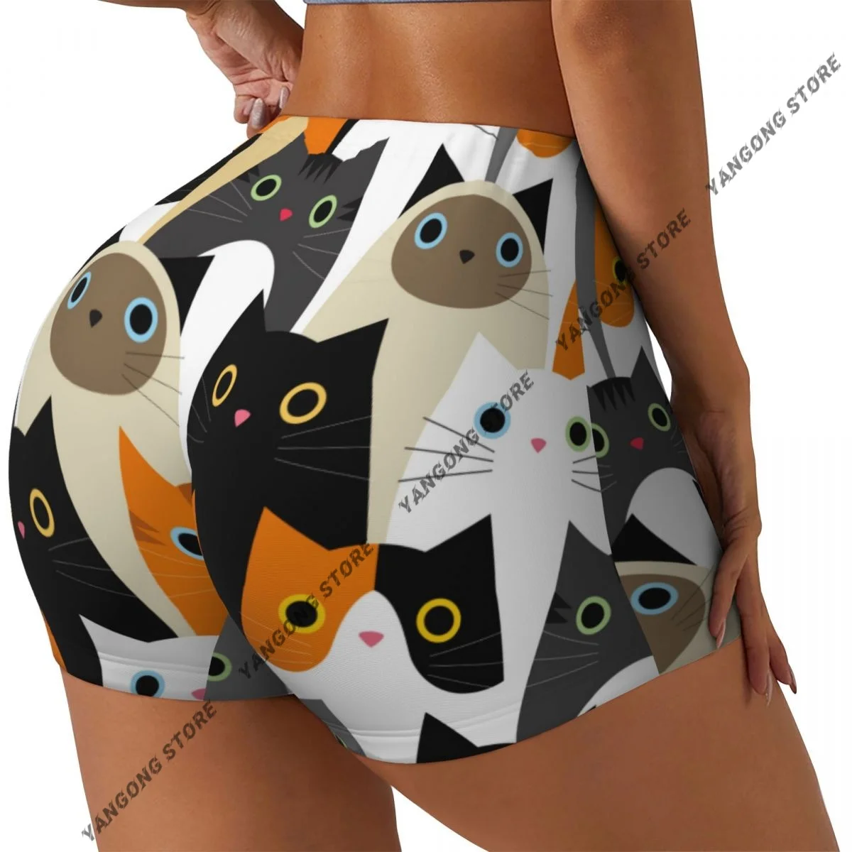 Push Up Short Elasticity Scrunch Butt Cute Cats Print Running Shorts Sports Shorts Womens Clothes Gym