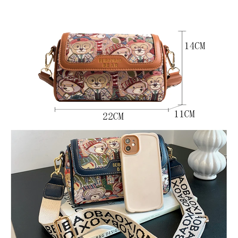 2024 Highquality Womens Casual One Shoulder Bags Fashion Allmatch Bear Embroidery Design Suitable For Girls Canvas Crossbody Bag