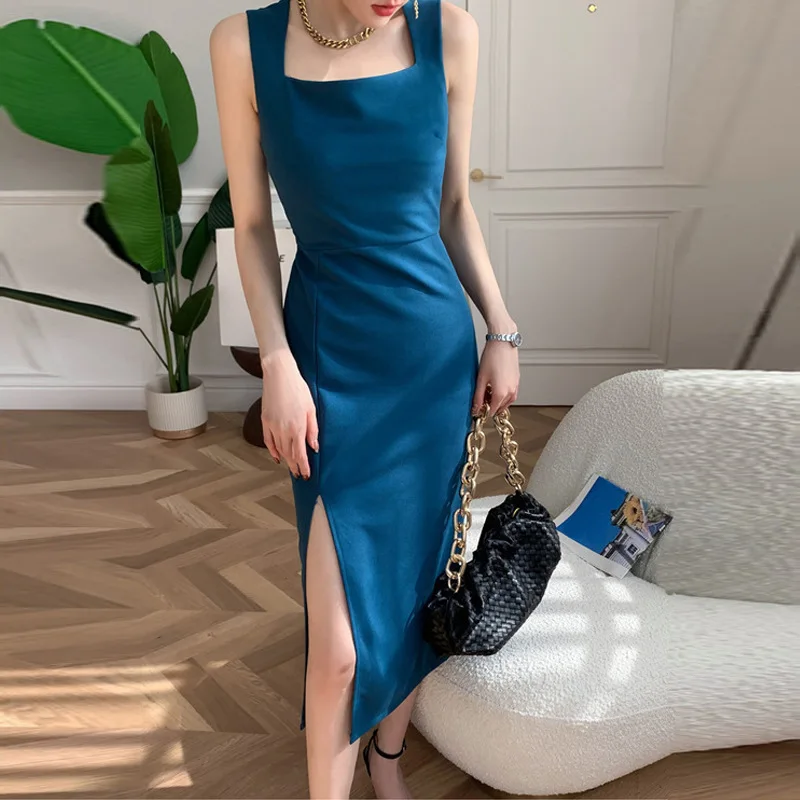 Sexy Dresses Women Elegant Side-slit Fashion Midi Irregular Summer French Style Casual Soft Temperament Sleeveless Chic Vestidos