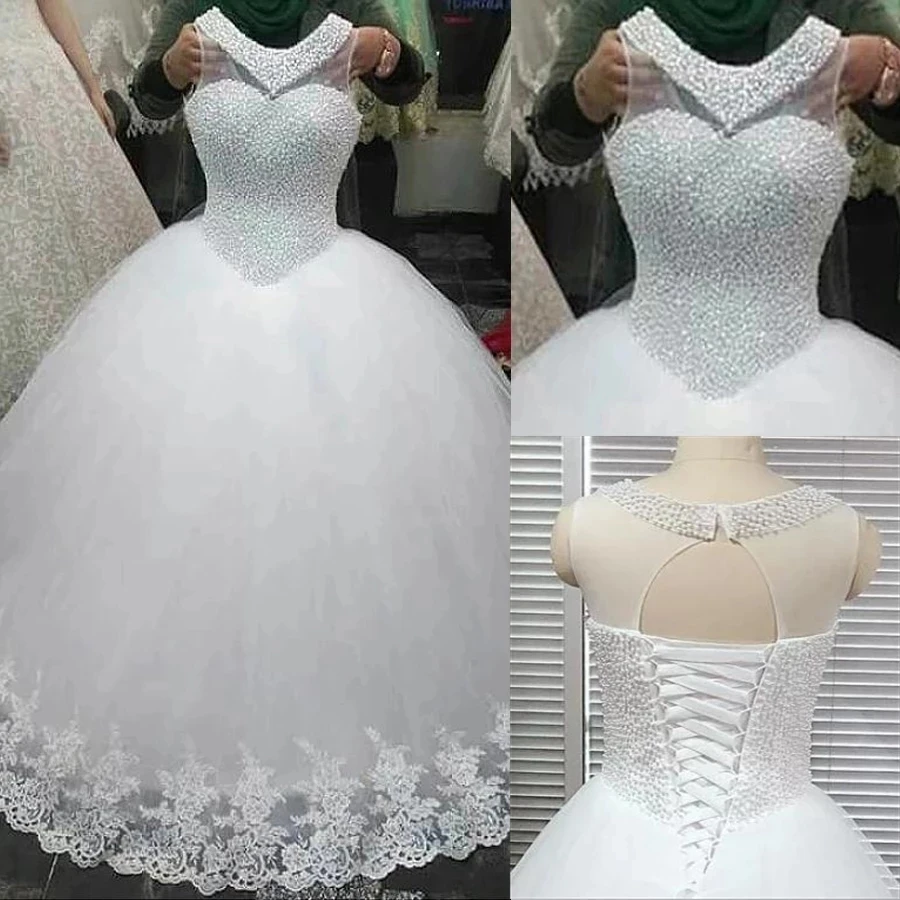 

ANGELSBRIDEP Full Pearls Ball Gown Wedding Dresses Fashion Pearls Lace Appliques Court Train Corst Formal Bridal Gowns Plus Size