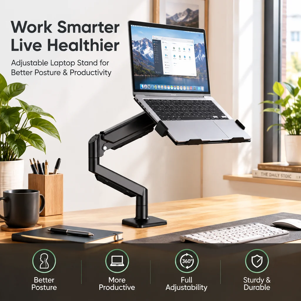 Adjustable Laptop Stand Gas Spring Cooling Notebook Holder Riser Desktop Support For Office Gaming Use