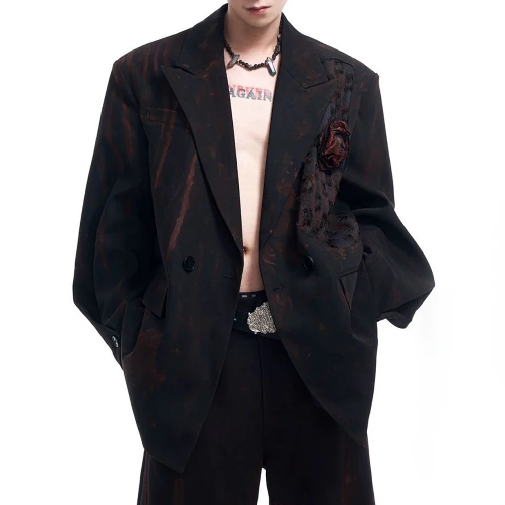 

Trendy Night Rose Handmade Graffiti Suit Jacket Men Autumn and Winter New Fashion Dark Night Party Dance High-end Suit Men