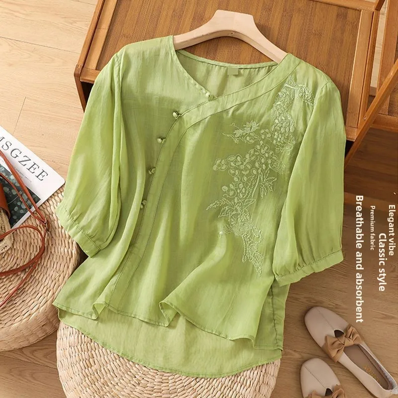 

Loose Women's Cotton Linen T-shirt Short Sleeve Vintage Button-Up Base Shirt Comfortable Breathable Artistic Style Spring Sum...