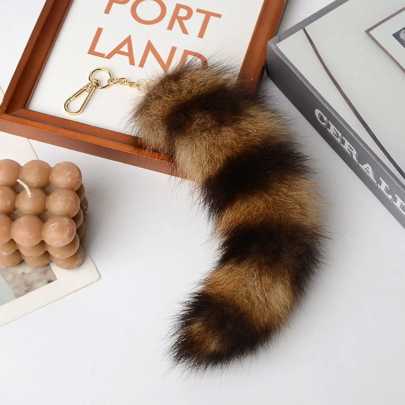 Plush-Fox Tail Keychain Furry Racoon Tail Keyring Keychain 30cm Animal Tail Key-Pendant Pompoms Keyring Holder Bag-Decor