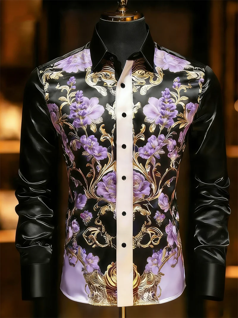 New 11 Color Men's Long Sleeved Shirt with 3D Printed Flower Pattern on the Collar, Soft and Comfortable Men's Top