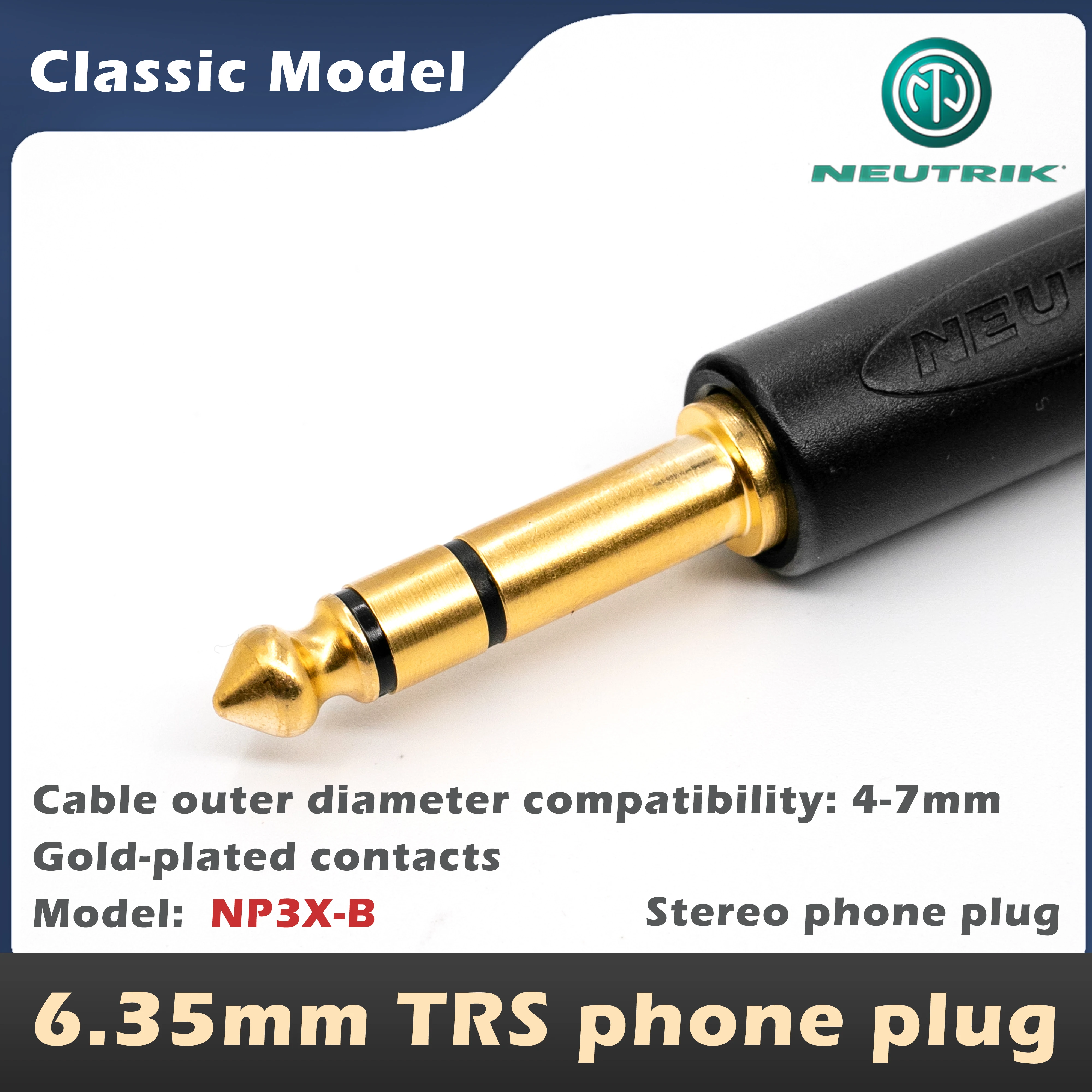 Neutrik 6,35 mm telefoonstekkers: NP2X, NP2X-B (TS mono), NP3X, NP3X-B (TRS stereo), audiomicrofoonstekkers