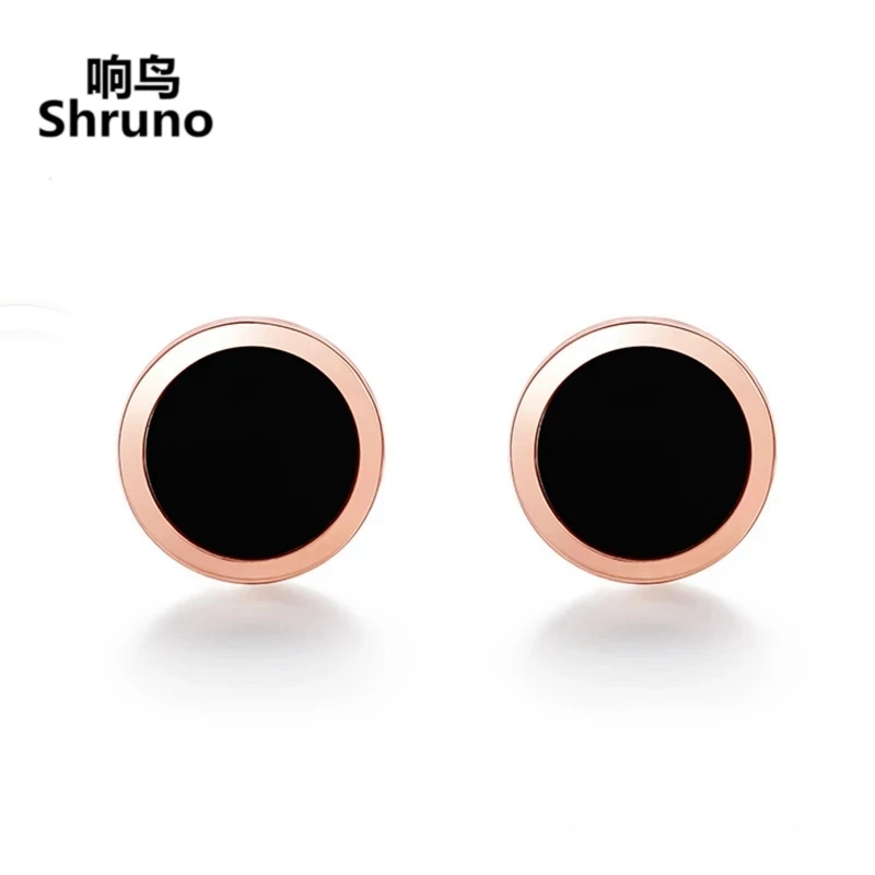 Shruno 18K Rose Gold Round 5mm Genuine Black Agate Stud Earrings AU750 Gold men and women common lovers simple Earrings Gift