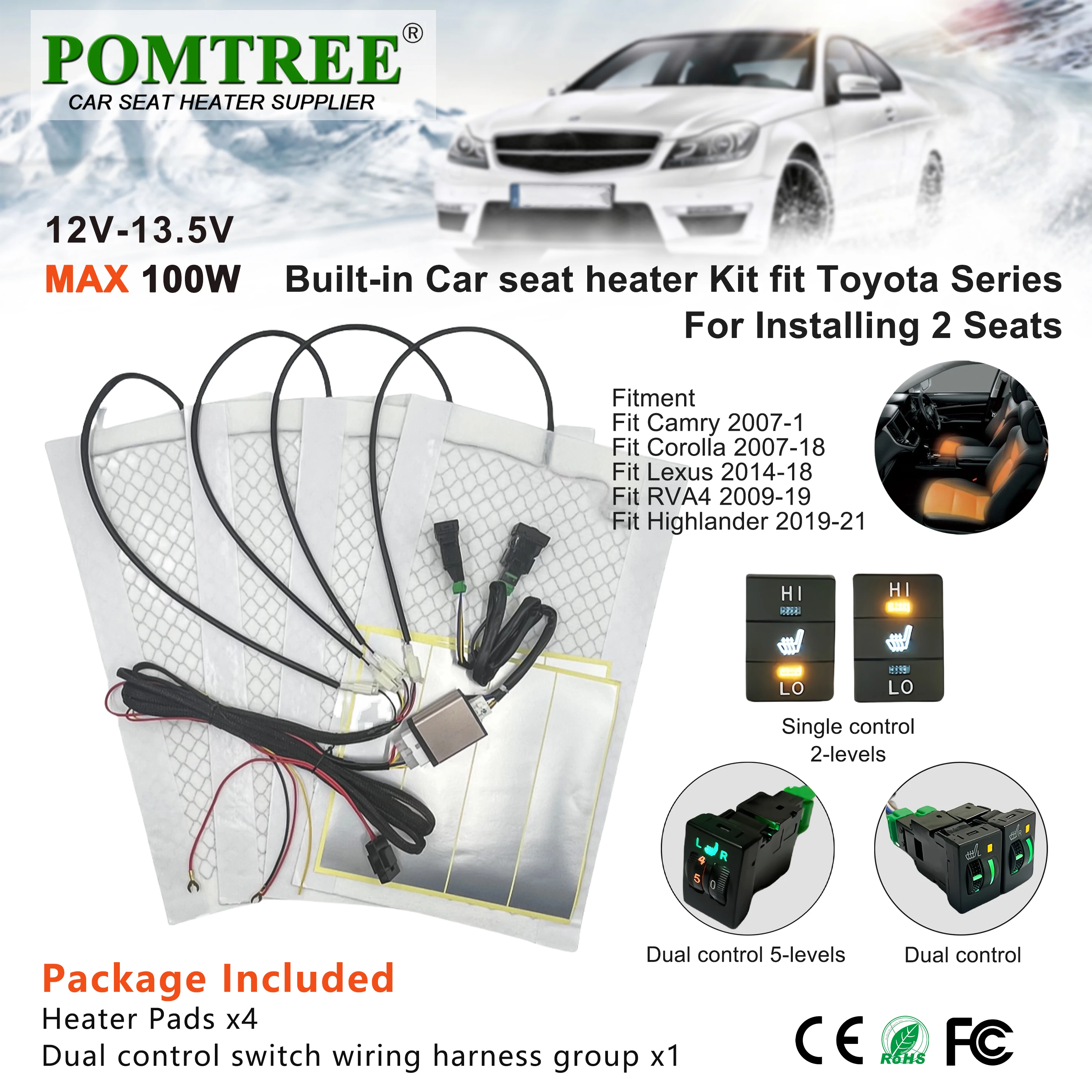 

100W Built-In Car Seat Heater Kit Fit 2 Seats,12V Carbon Fiber Heating Pads with Control Switch Suitable for Toyota Camry RVA4