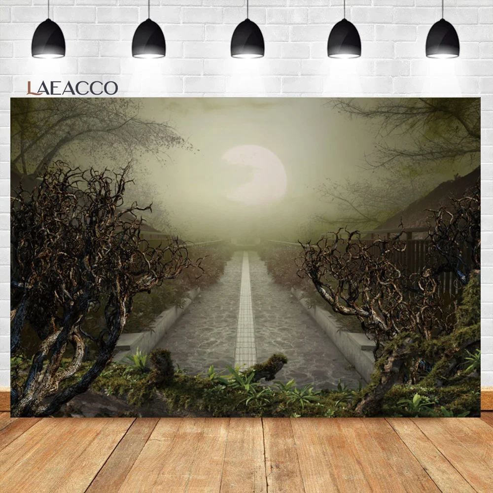 Laeacco Halloween Photography Backdrop Terror Night Moon Mist Desolate Road Kids Adults Portrait Background For Photo Studio