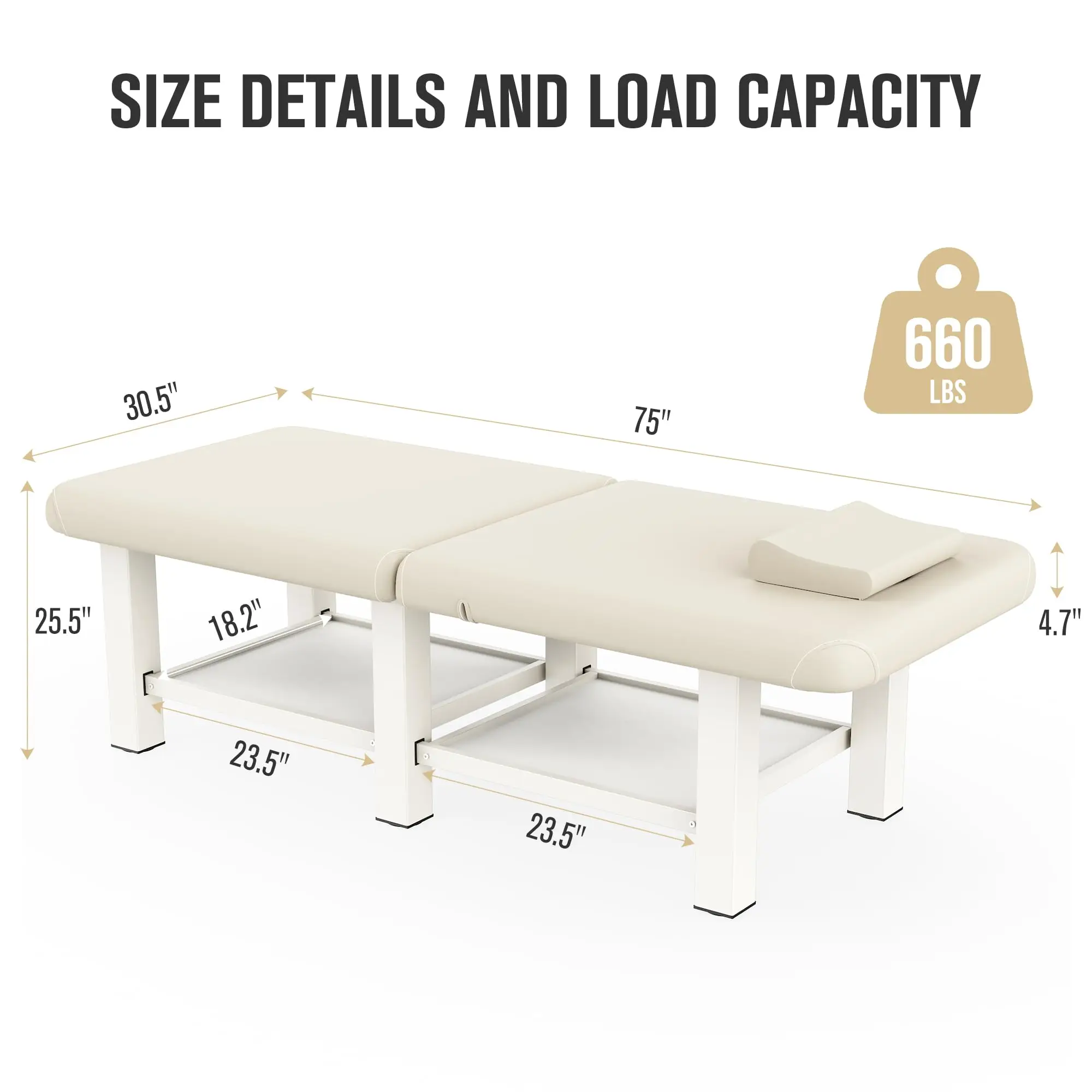Folding Stationary Massage Table with Backrest and Storage Space, 6 Square Legs Metal Frame PU Leather, 30.5'' Wide ×