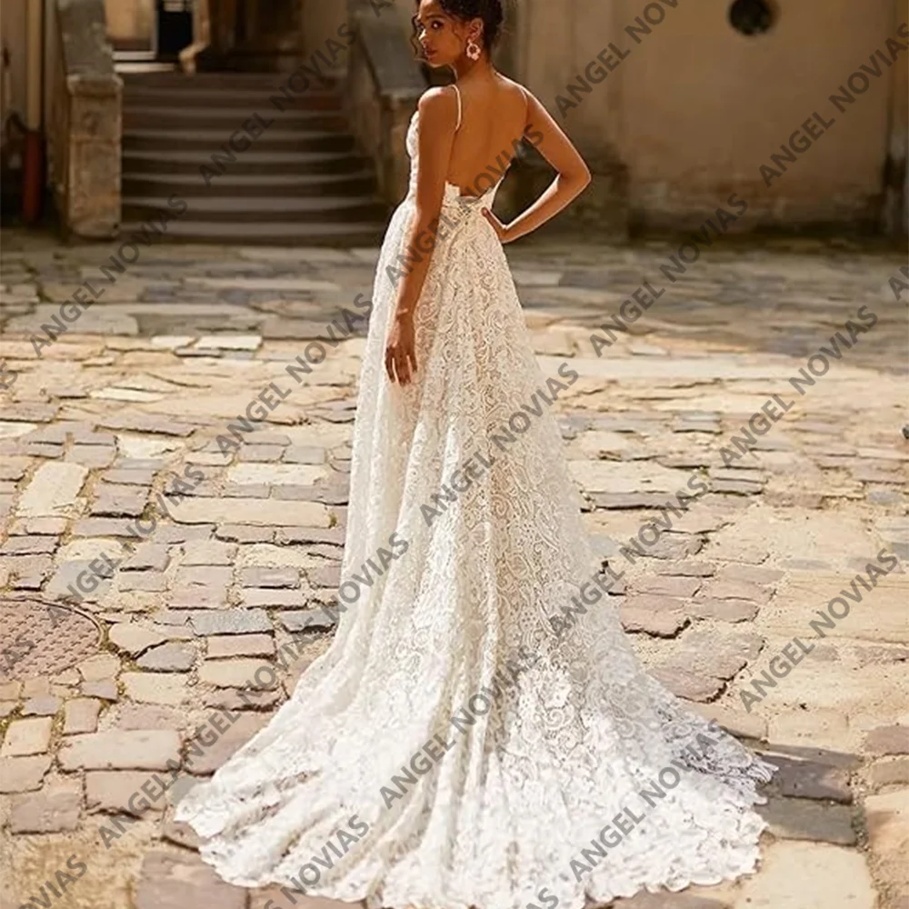 Angel Novias レース ボヘミアンレース Aライン ウェディングドレス ストラップ付き カスタマイズされたアップリケ ブライダルガウン メッシュローブ 結婚式パーティー用