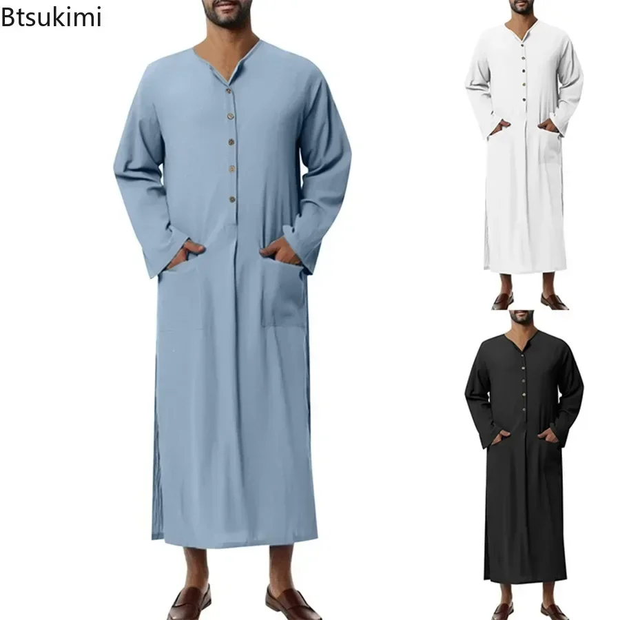 Robes musulmanes ethniques pour hommes, col Henry, manches longues, bouton vers le bas, décontracté, document solide, islamique, arabe, dubaï, Jubba Thobe, mode, nouveau, 2025