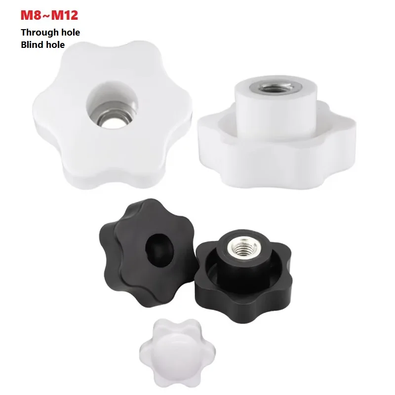 Plum Hand Tighten Nuts 6 Star Through Hole/blind Hole Clamping Knob Black/white Plastic Thumb Nuts Screw-on Handle M8 M10 M12