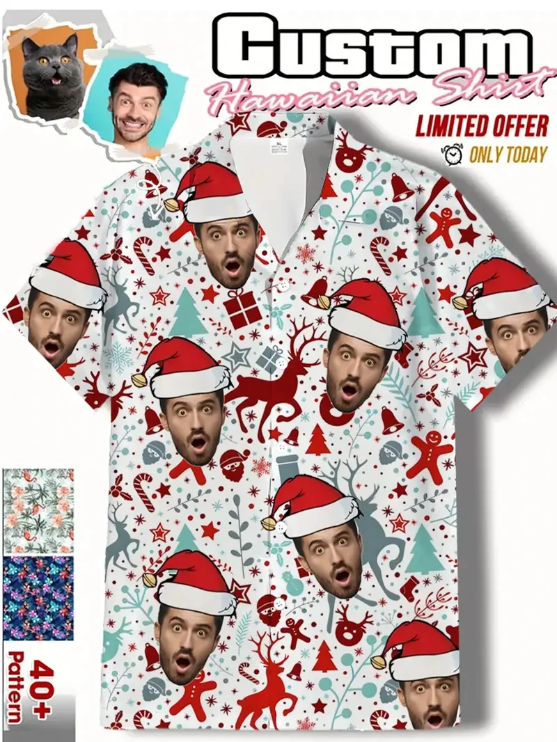 الكرتون عيد الميلاد قبعة مخصصة Diy بها بنفسك الوجه الجرافيك الرجال قصيرة الأكمام التلبيب قميص بلايز زر عيد الميلاد قمصان عطلة اليومية الإناث البلوزات #1