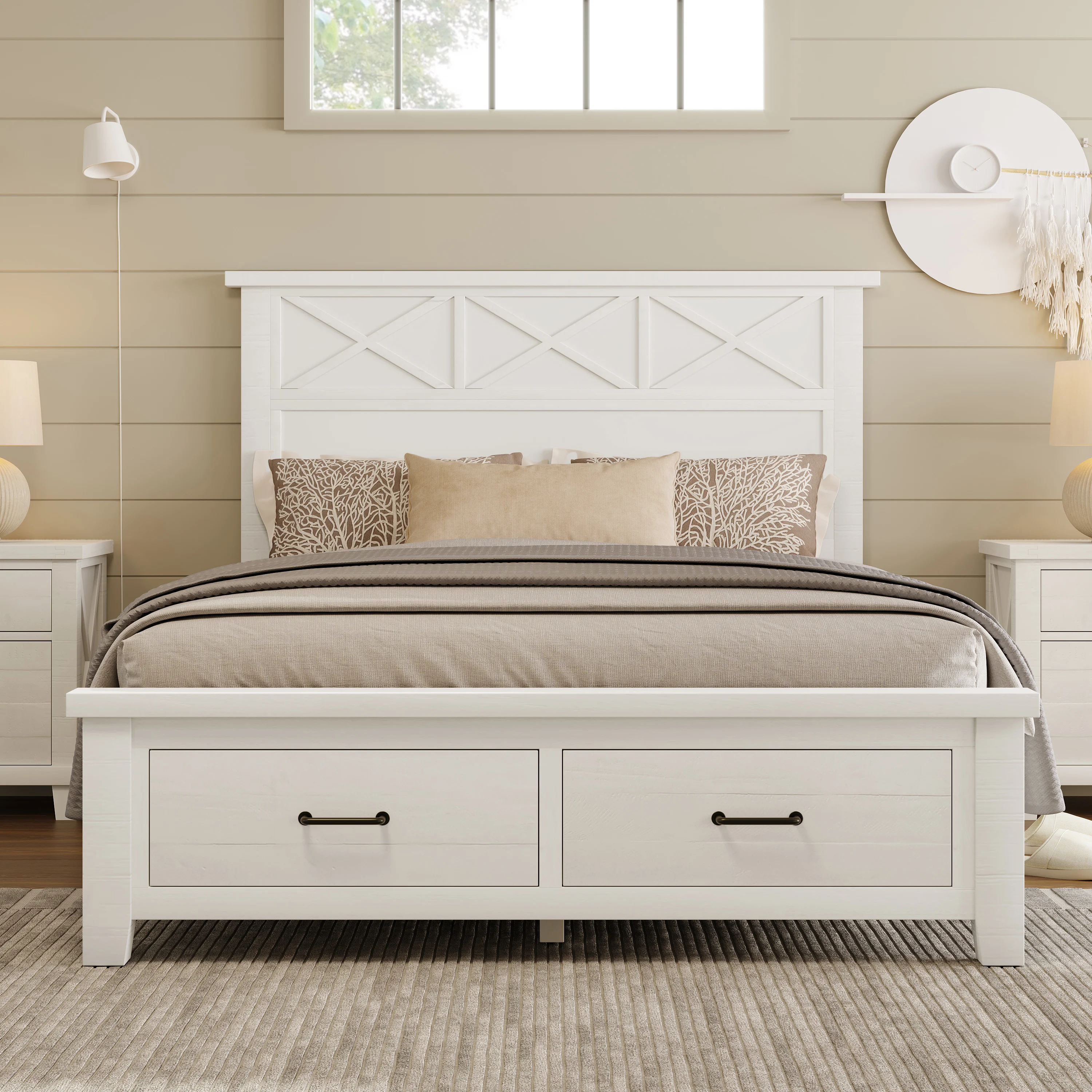 Rustic Farmhouse Style Queen Storage Panel Bed with Two Drawers,White