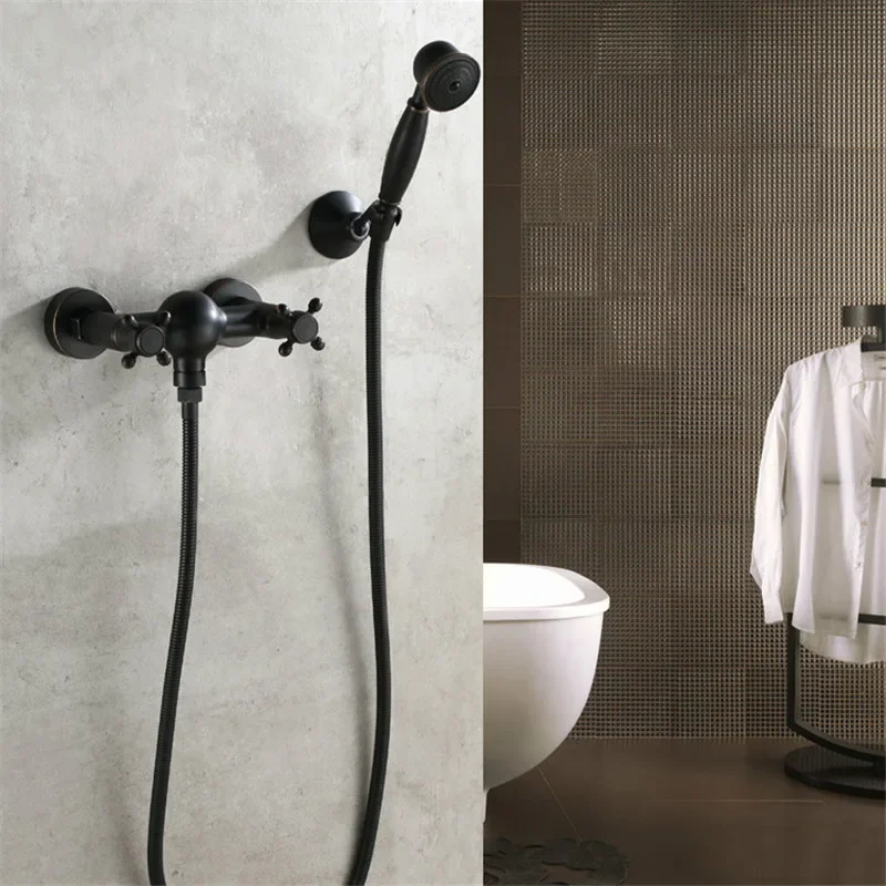 Bathroom Black Shower Faucet with Hand Spray Shower Wall Mount Bathtub Mixer Brass Black Bathroom Faucet Set