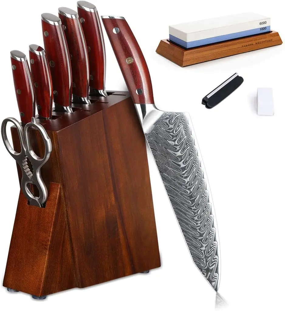 8-Piece Kitchen Knife Set with Block,Damascus Chef Knife, 67-Layer High Carbon Stainless Steel,Sharp Rust-Resistant Blades