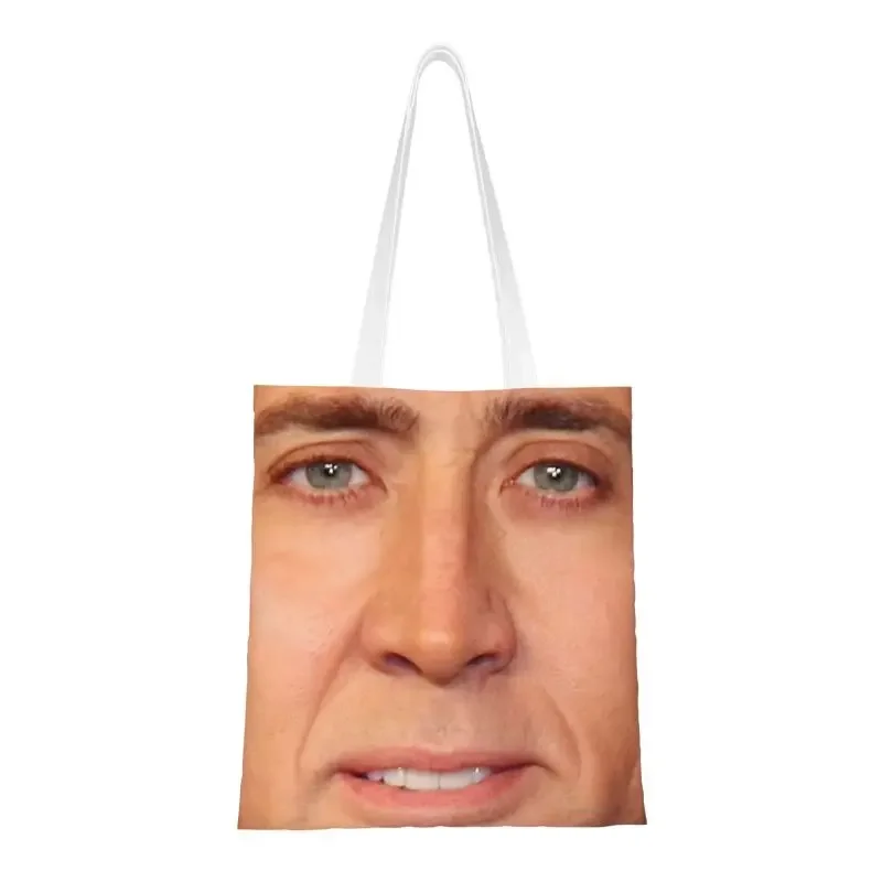 Reusable Nicolas Cage Face Shopping Bag Women Shoulder Canvas Tote Bag Portable Funny Meme Grocery Shopper Bags