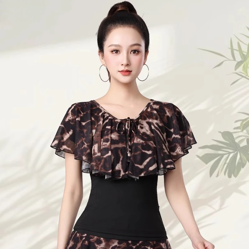 Women's Party Dress National Standard Fellowship Latin Dance Costumes Mesh Printed Short-sleeved Skirt Suit Elegant Dance Outfit image 3