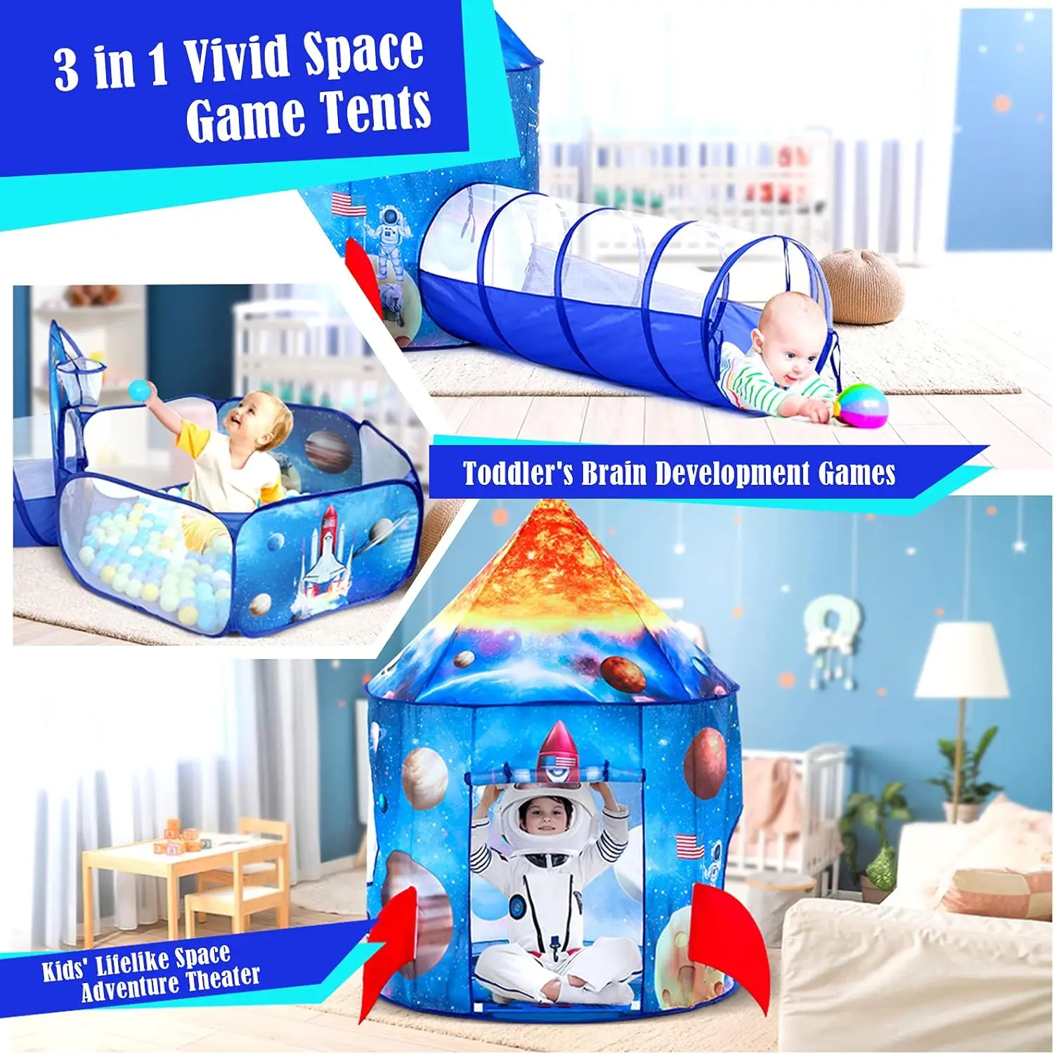 3pc Kids Play Tent for Boys with Ball Pit, Crawl Tunnel, Rocket Ship Tents for Toddlers, Baby Space World Playhouse Toys, Boys I
