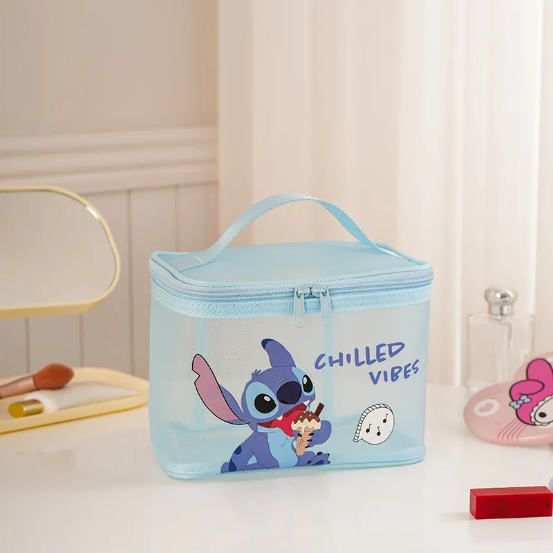 Kawaii Disney Solid Color Transparent Gauze Makeup Bag Women's Travel Makeup Storage Bag Stitch Cartoon High Appearance Level