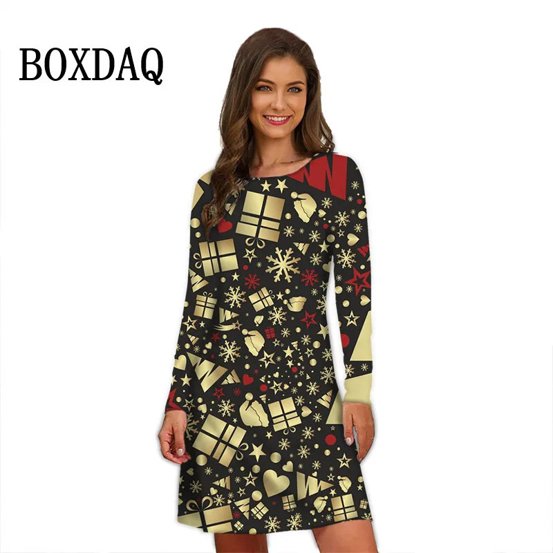 Winter Christmas Party Women Dresses For 2024 Autumn Casual Christmas Crutch Pattern Print Oversized Woman Snowflake Mini Dress